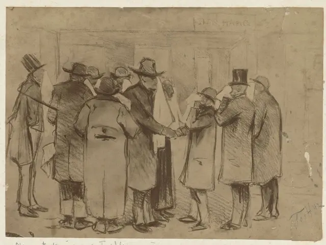 The image shows a drawing of a group of people standing in front of a building, with one person...