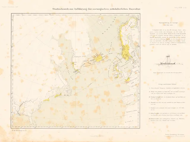 The image shows an old map of the Arctic with a boat in the middle of it. The map is printed on a...