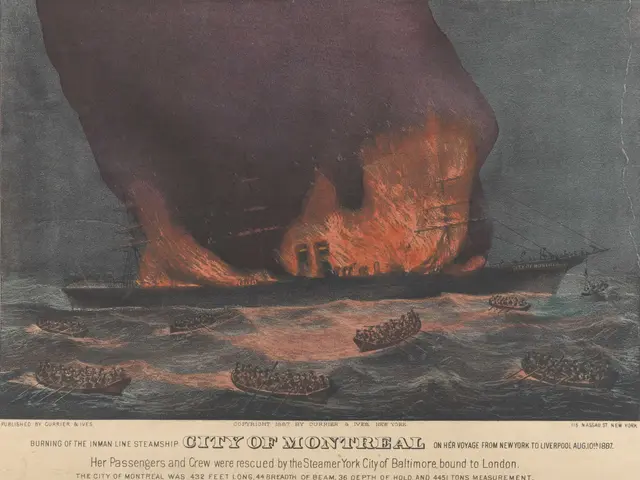 The image shows a poster of the city of Montreal engulfed in flames, with a few boats in the water...
