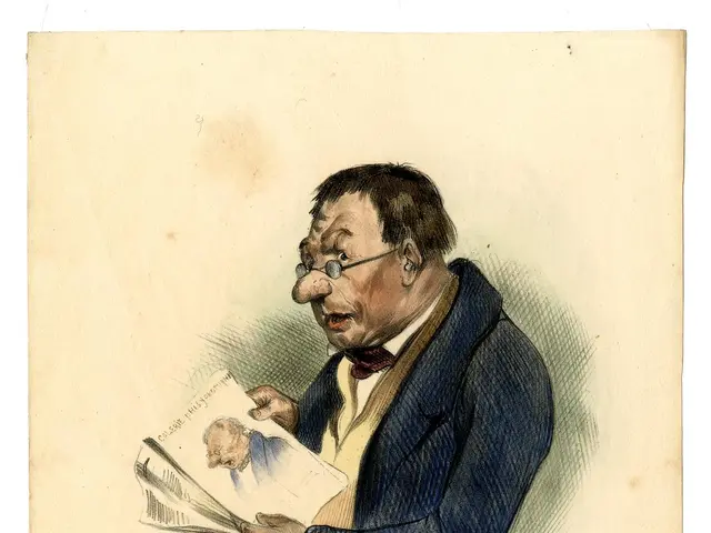 The image shows a man in a suit and tie reading a newspaper. He is wearing glasses and has a...