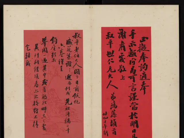 The image shows an open book with Chinese writing on it, surrounded by papers with text and color...
