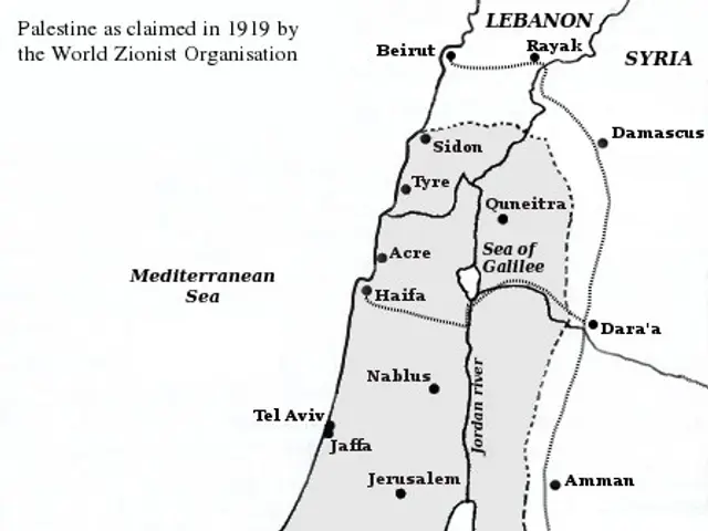 The image shows a poster with a map of Palestine, with text indicating the extent of the conflict...
