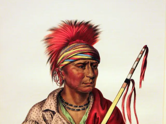The image shows a painting of a Native American Indian man wearing a red headdress and holding a...