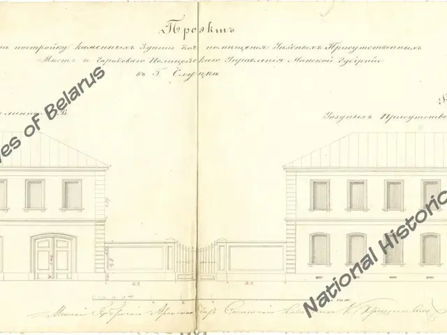 The image shows an old book with a drawing of a building on it, which is believed to be the...