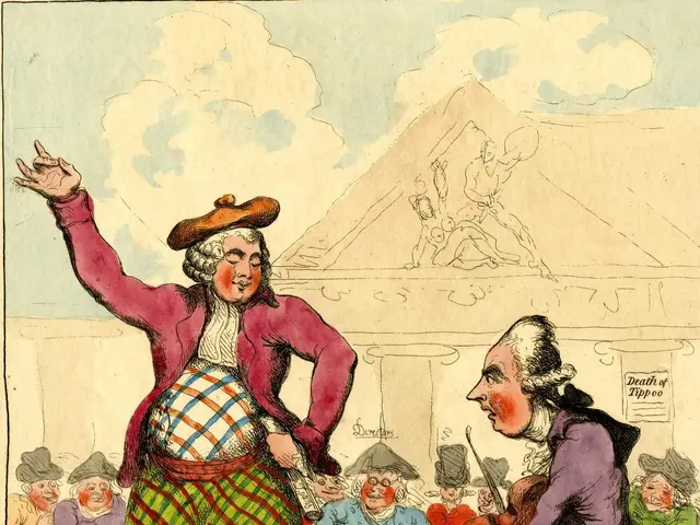 The image shows a cartoon of a man in a kilt and a woman in a dress standing in front of a crowd of...