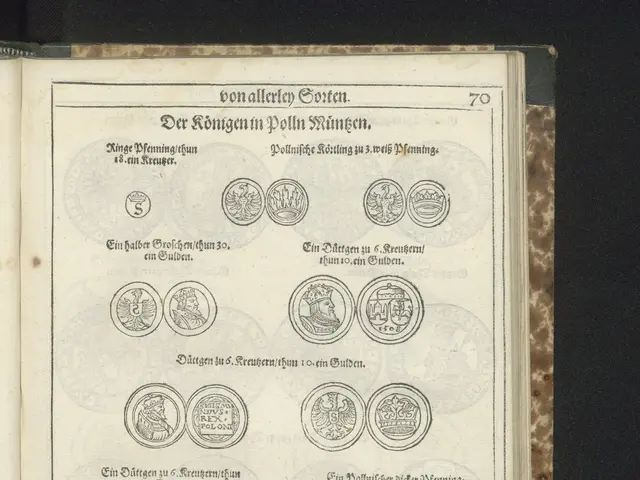 The image shows an open book with a variety of coins on it, set against a dark background. The...