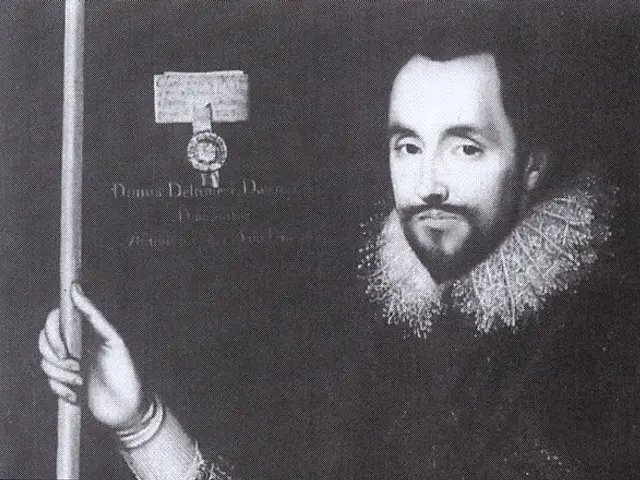 The image shows a black and white photo of William Shakespeare, the English playwright, holding a...