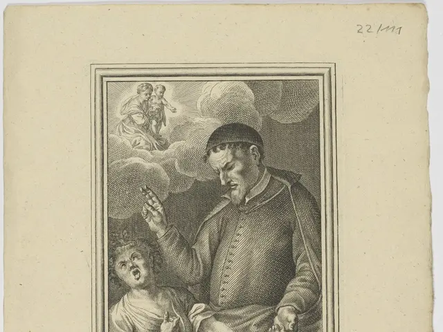The image shows an engraving of a man holding a child in his arms, with a photo frame surrounding...