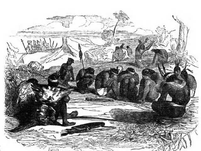 The image shows a black and white drawing of a group of people sitting on the ground, surrounded by...