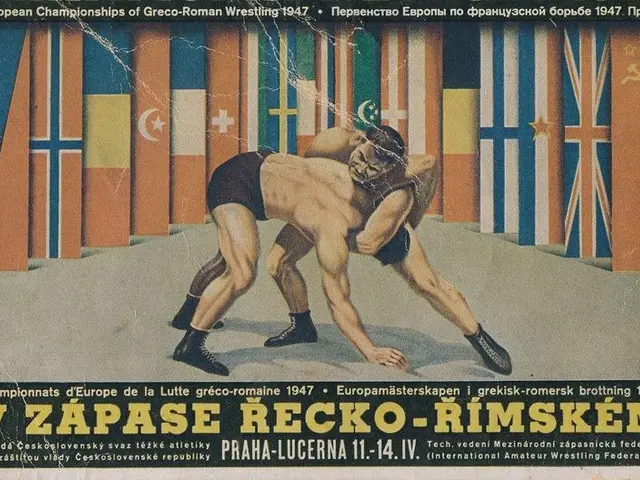 The image shows a poster for the 1947 European Championships of Greco-Roman Wrestling, featuring...