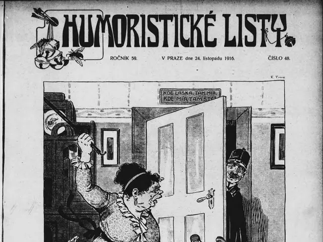 The image shows a black and white cartoon of a man and woman in a room with a door, wall hangings...