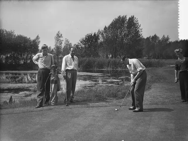 The image shows a group of men playing golf on a golf course, with one of them holding a golf club....
