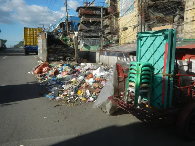 The image shows a truck parked on the side of a street next to a pile of trash. On the right side...