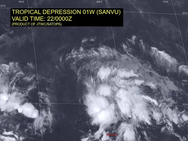 The image shows a satellite view of Tropical Depression 01w in the Pacific Ocean, with text at the...
