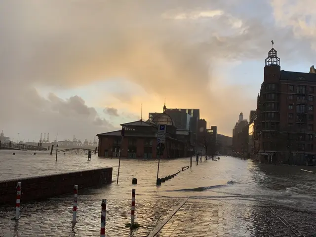 The image shows a flooded street in Hamburg, Germany, with water covering the road, poles, sign...