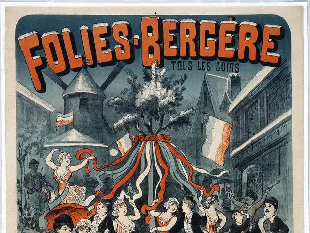 The image shows an old poster advertising Folies Bergere, a festival in Paris, France. It features...