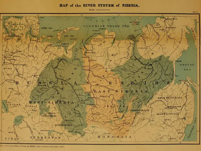The image shows an old map of the river system of Siberia, with text at the top and bottom of the...