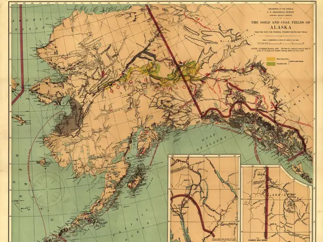 The image shows an old map of Alaska with the gold and coal fields of the area clearly marked. The...