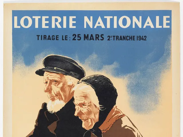 The image shows a poster for the Loterie Nationale in France, depicting two people standing side by...