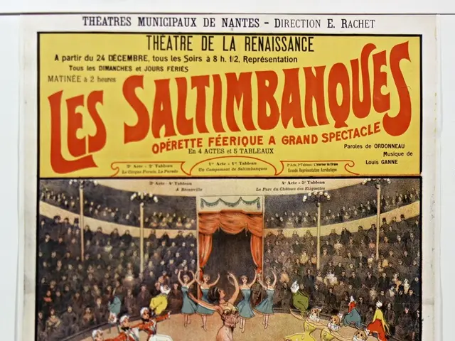 The image shows a poster for the musical Les Saltimbanques at the Theatre de la Renaissance. It...