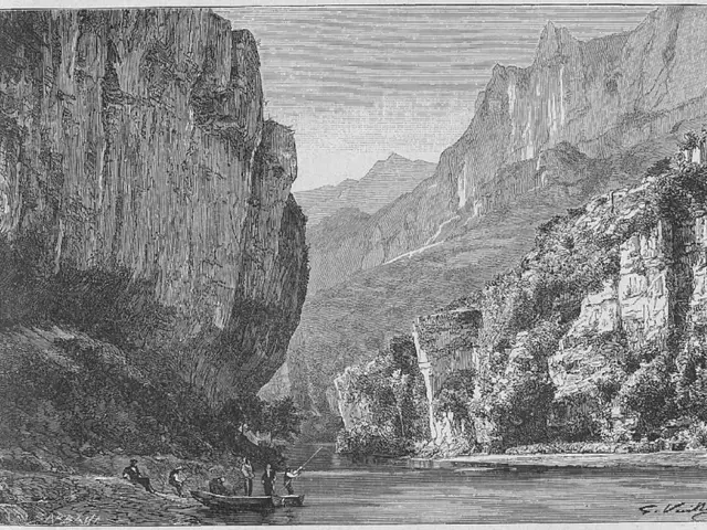 The image shows a black and white drawing of a river with people in a boat, surrounded by hills and...