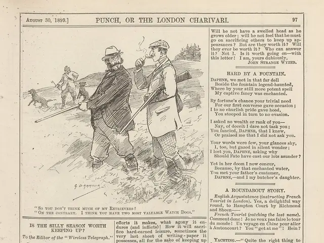 The image shows an old book with a drawing of two men playing golf, one of them holding a golf club...