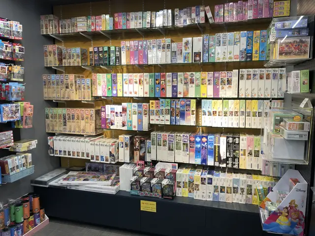 The image shows a store filled with lots of different types of DVDs, arranged in racks and on the...
