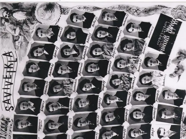 The image shows a black and white photo of a group of people in a circle, with the text "Sarasota...