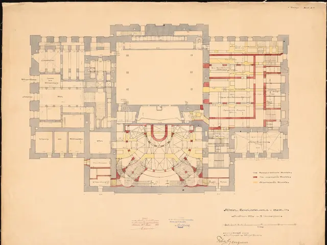 The image shows a drawing of a floor plan of a building with a lot of rooms, which is believed to...