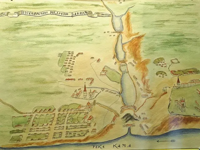 The image shows a painting of a map of the city of Kiev, Ukraine, with buildings, trees, and text...