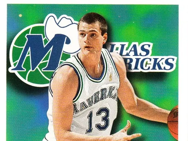 The image shows a poster of Martin Muirsepp, a former Dallas Mavericks player, holding a basketball...