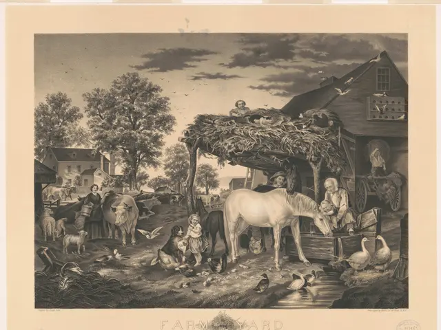 The image shows a black and white engraving of a farm scene with a horse in the foreground,...