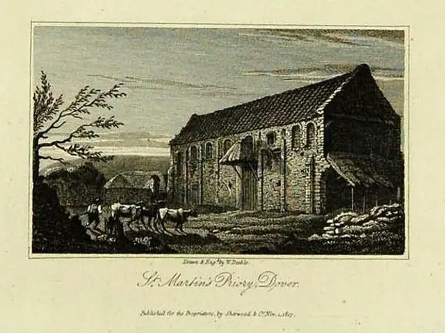 The image shows an engraving of St. Martin's Priory, Dyer, with a house, trees, animals, and a sky...