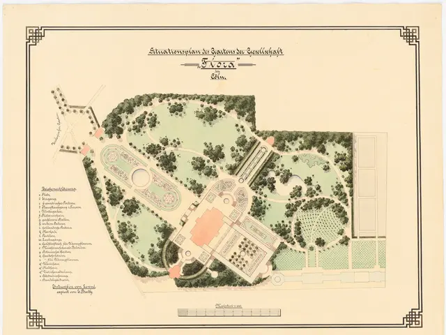 The image shows a plan of a garden with a lot of trees and bushes, as well as text on the paper....