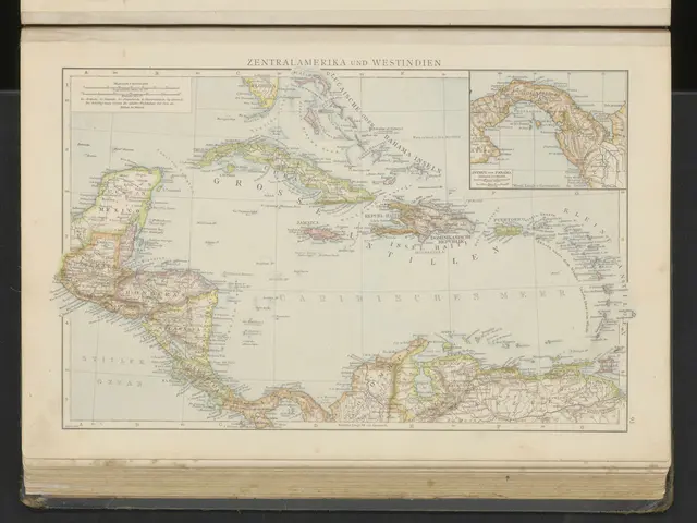 The image shows an old book with a map of the Caribbean on it, set against a black background. The...