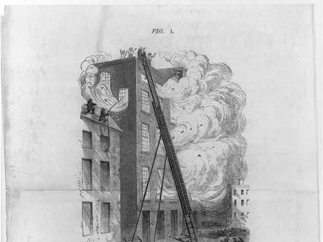 The image shows a black and white drawing of a building with a crane in front of it, surrounded by...