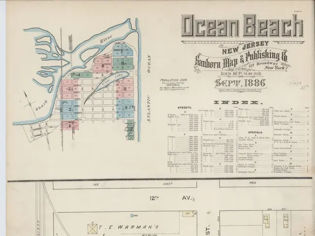 The image shows an old map of Ocean Beach, New Jersey, with text and a map of the city. The map is...