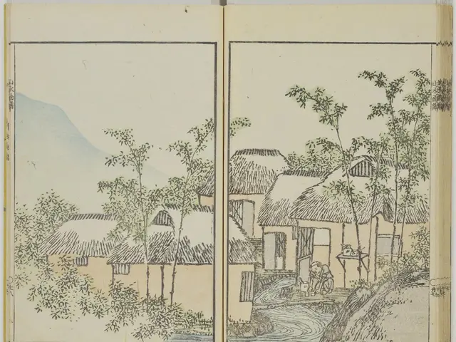 The image shows an open book with a drawing of a village scene featuring huts, trees, plants,...