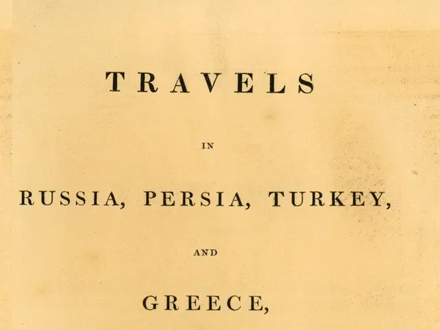 The image shows a cream-colored paper with the words "Travels in Russia, Persia, Turkey, and Greece...