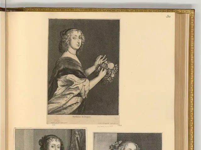 The image shows an open book with three portraits of women in black and white. The book is resting...