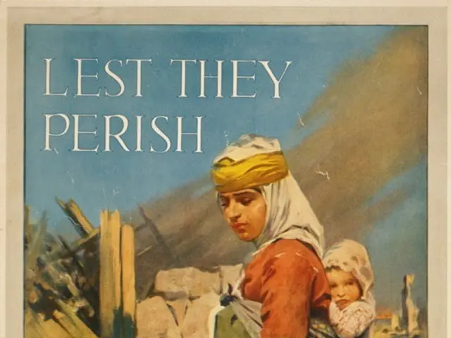 The image shows a woman holding a baby in her arms, with the words "Lest They Perish Campaign for...