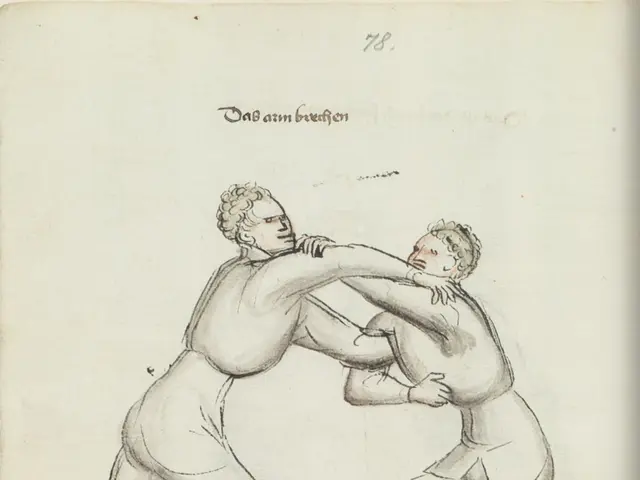 The image shows two men engaged in a wrestling match, depicted in a book with text written on it....