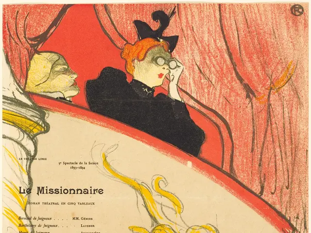 The image shows a poster advertising a movie with a woman in a red dress and a man in a black suit....
