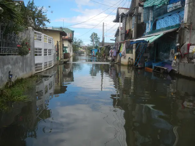 The image shows a flooded street in a small town with buildings on either side. The water is up to...