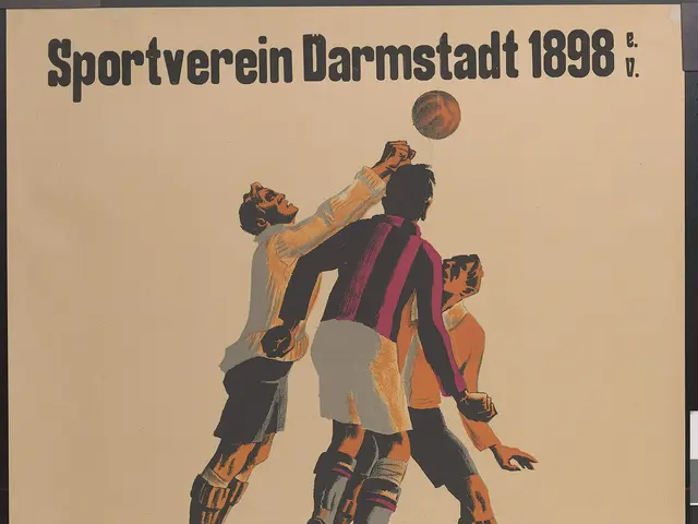 The image shows a poster advertising a soccer game with a group of men playing soccer. The poster...