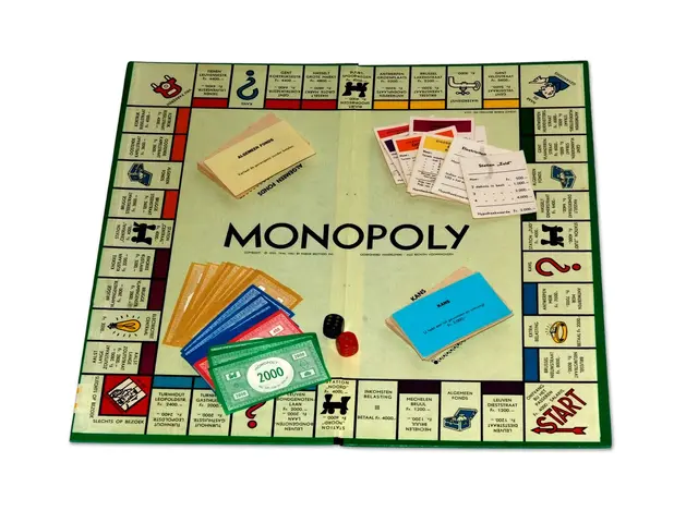 The image shows a Monopoly board game on a white background. The board is filled with cards, dice,...