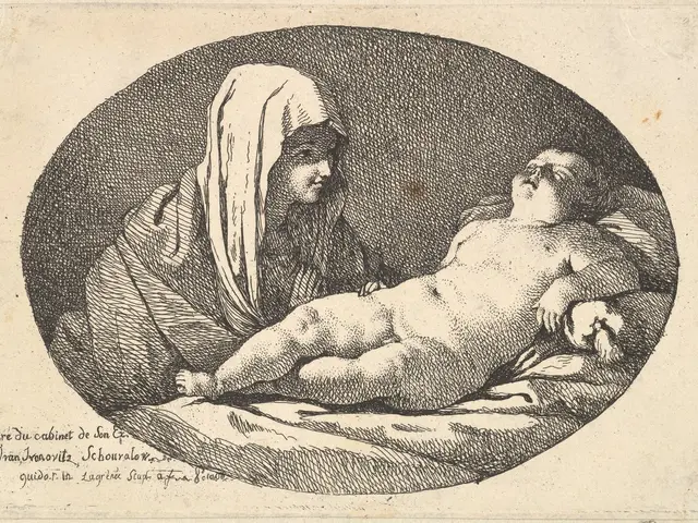 The image shows a black and white drawing of a woman holding a baby in her arms. The woman has a...