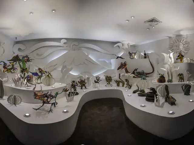 The image shows a room filled with lots of different types of toys on display, illuminated by...