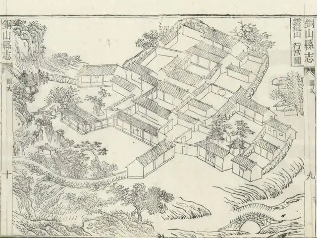 The image shows a drawing of a Chinese village with houses, trees, and a bridge. The paper also...