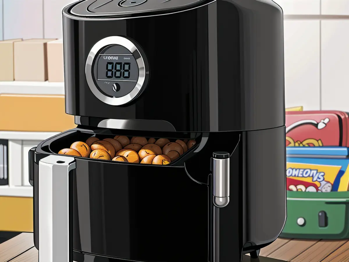 Black Air Fryer Equipped with Analog Timer, Adjustable Temperature Knob, and Comfortable Lift-Off Handle for Easy Basket Removal Black air fryer equipped with an analog timer, a round temperature adjustment knob, and a practical handle for effortless basket removal.